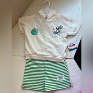 Disney Mickey Mouse White Hoodie and Green Striped Shorts Set